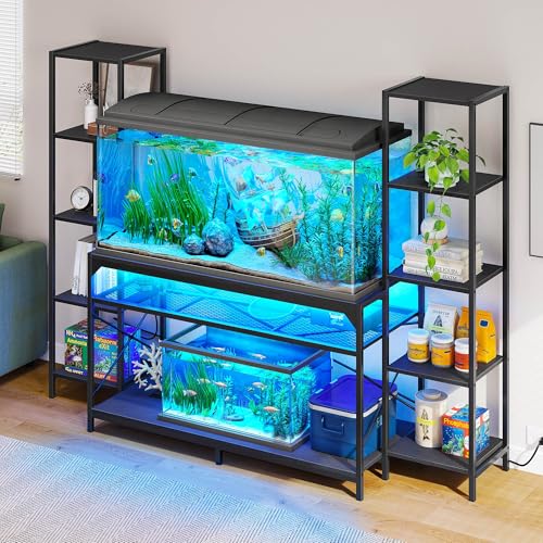 DWVO 55-75 Gallon Aquarium Stand with Power Outlets & LED Light, Display Stand for Turtle Tank, Reptile Terrarium, Heavy Duty Metal Fish Tank Stand Suitable for Living Room, Entryway, 860LBS  - WoodArtSupply