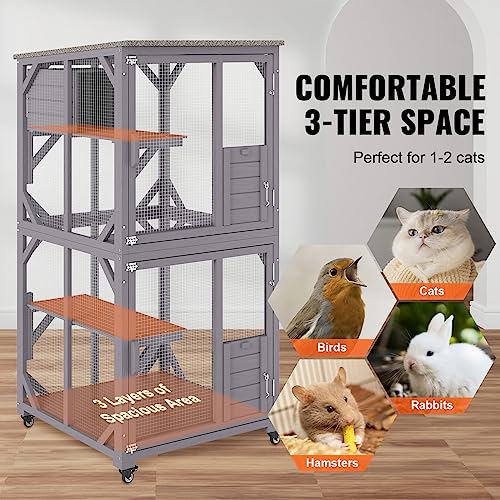 VEVOR 3-Tier Cat Playpen Catio with Wheels, Resting Box, Waterproof Roof, Windows & Doors, Removable Tray