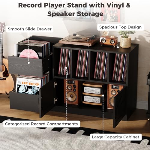 IRONCK Record Player Stand, Vinyl Record Player Table with Storage Cabinet and Drawers, Mid Century Modern Turntable Stand Holds Up to 500+ Albums for Living Room, Music Room, Black IRONCK