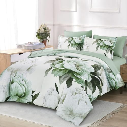 Dobuyly Green Queen Comforter Set 7 Piece Bed in a Bag Queen, Sage Green Floral Printed Comforter Set with Sheets, Soft Microfiber Botanical Flower Complete Bedding Set for All Season Dobuyly