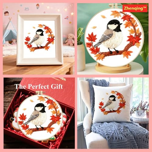Zhenqing Black-Capped Chickadee Embroidery Kit for Beginners, Pre-Printed 29x29cm Cotton Fabric with 20cm Hoop, Autumn Bird and Maple Leaves Design (C0212)