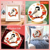 Zhenqing Black-Capped Chickadee Embroidery Kit for Beginners, Pre-Printed 29x29cm Cotton Fabric with 20cm Hoop, Autumn Bird and Maple Leaves Design (C0212)