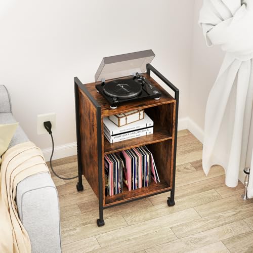 Giantex Record Player Stand with Charging Station, Mobile Turntable Stand with Record Storage & 4 Rolling Wheels, 3-Tier Vinyl Record Storage w/ Open Shelves & Dividers for Living Room, Rustic Brown Giantex