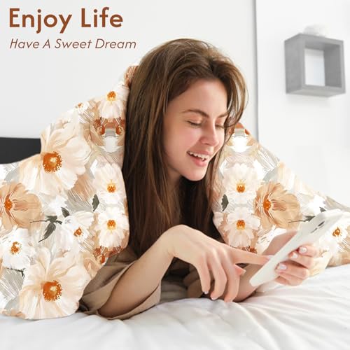 LONAVA Queen Flower 3 Pcs Duvet Cover Set, Breathable Soft Microfiber Biege Lining Comforter Cover with Zipper Closure, and 2 Anti-Pilling, Fade Resistant Pillowcases, Golden Flower LONAVA
