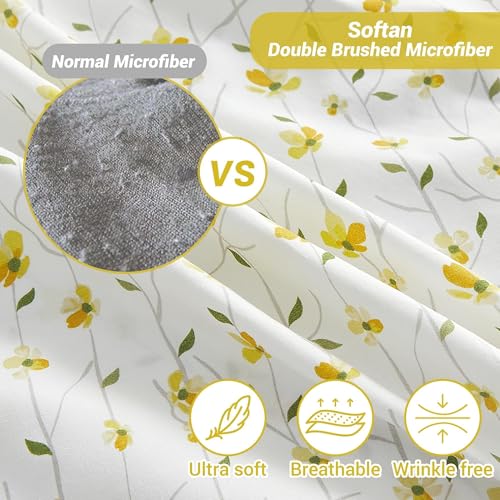 Softan Yellow Floral Bed Sheets Full Flower Printed Sheets - Patterned Microfiber Fitted Sheets Full with 15" Deep Pocket & Non-Slip Straps, Cute Flower Sheets & Pillowcase Set Softan