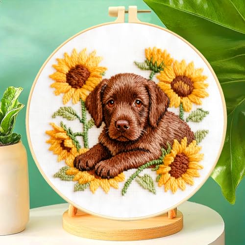 Zhenqing Labrador Embroidery Kit for Beginners, Pre-Printed 29x29cm Circular Cotton Fabric with 20cm Hoop, Cute Dog with Sunflowers Design for Home Decor (C0215)