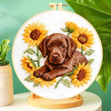 Zhenqing Labrador Embroidery Kit for Beginners, Pre-Printed 29x29cm Circular Cotton Fabric with 20cm Hoop, Cute Dog with Sunflowers Design for Home Decor (C0215)