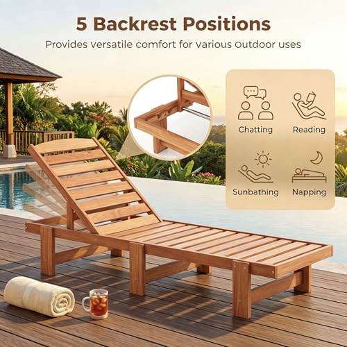 COSTWAY Solid Wood Chaise Lounge, Outdoor Lounge Chair with 5-Position Adjustable Backrest, Wooden Patio Lounger for Sunbathing, Yard, Teak Oil Finished (1)