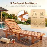 COSTWAY Solid Wood Chaise Lounge, Outdoor Lounge Chair with 5-Position Adjustable Backrest, Wooden Patio Lounger for Sunbathing, Yard, Teak Oil Finished (1)