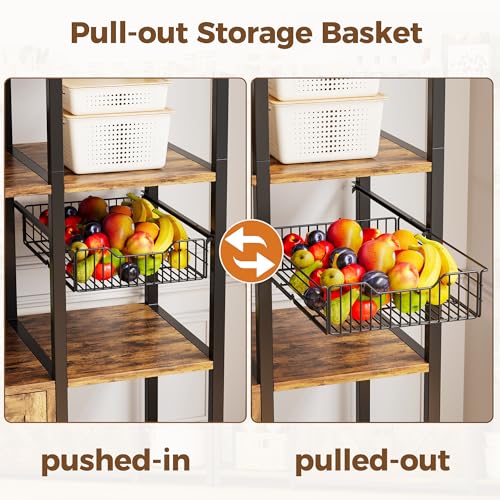 IRONCK Bakers Rack with Power Outlet, 54.7 Inch Coffee Bar Cabinet, Kitchen Bakers Rack with Storage, Microwave Stand with Shelves, Globlet Holder and 5 Hooks, Vintage Brown