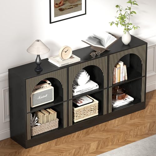 weselon Console Table with 3-Tier Open Storage, 63" Arched Entryway Table with Carved Fluted Panels, Rectangular Wooden Sofa Table for Living Room, Hallway, or Behind Couch (1, Black) weselon