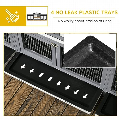 PawHut 90.5" Wooden Rabbit Hutch Bunny Cage Pet Playpen House Enclosure with Double Side Run Boxes, No Leak Tray, Ramp, for Guinea Pig and Small Animals, Light Gray PawHut