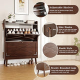 Wanfuder Shoe Storage Cabinet with 2 Flip Drawers & Adjustable Shelves,Narrow Shoe Cabinet Storage with Doors Side Hooks Wooden Shoe Rack Cabinet for Entryway,Hallway,Rustic Brown Wanfuder