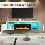 LUXOAK 80 inch Floating TV Stand with 40" Electric Fireplace, Wall Mounted Electric Fireplace Entertainment Center with Storage Space, TV Stand for Living Room for TVs Up to 90", White&Black LUXOAK