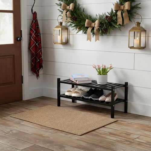 VICTORY RELAX 2 Tier Acacia Wood Shoe Rack, Shoe Storage Shelf, Stackable Organizer for Closet, Entryway Shoe Stand, Hallway, Garage, Wooden Shoe Storage Rack, Indoor, Outdoor (Black) VICTORY RELAX