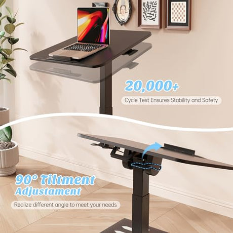 JYLH JOYSEEKER Foldable Mobile Standing Desk, Pneumatic Height Adjustable Rolling Sit Stand Desk, 90° Tiltable Portable Laptop Cart on Wheels, Mobile Desk Workstation for Home Office, Easy to Fold JYLH JOYSEEKER