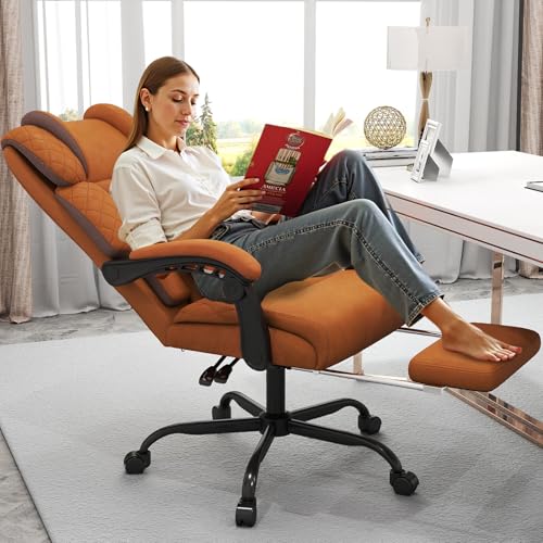 Ergonomic Office Chair with Footrest, 400lbs High Back Executive Home Office Computer Chair with Unique Ear-Shape Headrest for Neck Support,Brown Leather Office Chairs for Home Office Work Hihady