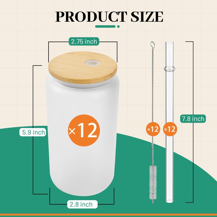 Joyclub 12 Pack Sublimation Glass Cups Blanks with Bamboo Lid 16 OZ Frosted Glass Beer Cans Mason Jar for Iced Coffee Juice Soda Drinks Joyclub