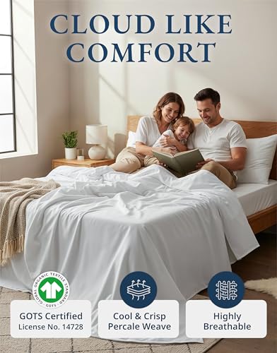 LANE LINEN 100% Organic Cotton Twin Sheets Set, 3Pc Twin Bed Sheets, Soft & Comfy Breathable Cotton Percale Sheets for Twin Size Bed, Dorm Room Essentials Low Pill Fade Resistant White Sheets LANE LINEN