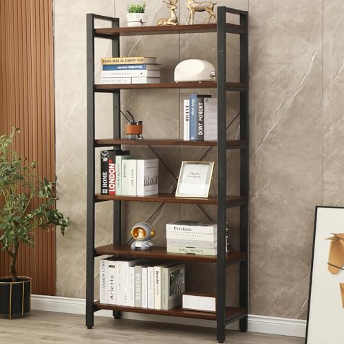 Rustic Brown 6-Tier Solid Wood Industrial Bookcase with Metal Frame - WoodArtSupply