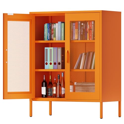 Chshin Metal Locker Storage Cabinet with 2 Mesh Doors and Adjustable Shelves,Orange Metal Locker Cabinets,Coffee Bar Cabinet,Kitchen Pantry Storage Cabinets for Home,Sideboard,Office(40" H) Chshin