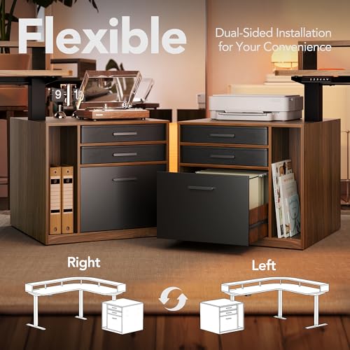 HUANUO Electric L Shaped Standing Desk with File Cabinet, 63" x 55" 2-Tier Height Adjustable Sit Stand up Desk with LED Strip, Power Outrlets & Cable Management Tray, Corner Computer Table, Walnut HUANUO
