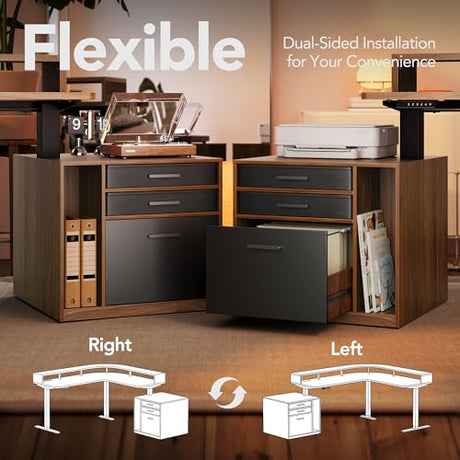 HUANUO Electric L Shaped Standing Desk with File Cabinet, 63" x 55" 2-Tier Height Adjustable Sit Stand up Desk with LED Strip, Power Outrlets & Cable Management Tray, Corner Computer Table, Walnut HUANUO
