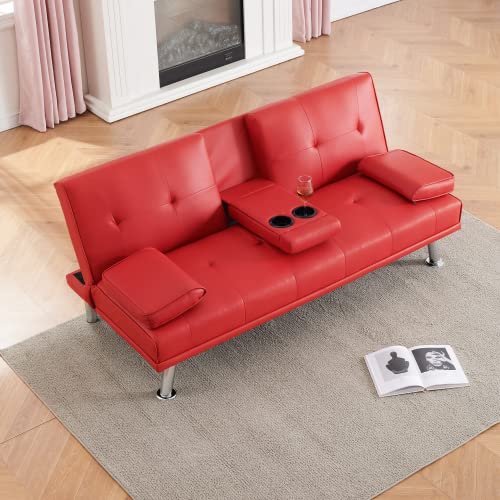 Futon Sofa Bed Modern Folding Couch for Small Space, Faux Leather Convertible Loveseat Sleeper Bed Daybed Recliner Lounge Sofas for Living Room,2 Cup Holders,Metal Legs,Removable Armrests (Red) Anwick