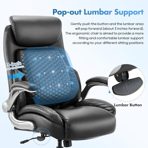 COLAMY Office Ergonomic Desk High Back Executive Chair with Pop-Out Lumbar Support, Upgraded Casters, Adjustable Headrest, Flip-Up Arms, Leather Home with Thick Cushion for Comfort - Black COLAMY