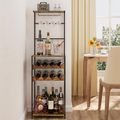 5-Tier Wine Rack Freestanding Floor, Liquor Bar Stand with Glasses Holder and 4 S Hooks, Corner Mini Bar Cabinet for Small Space, 8 Bottles Wine Bar Cabinet for Home, 11.81"D x 16.53"W x 53.55"H