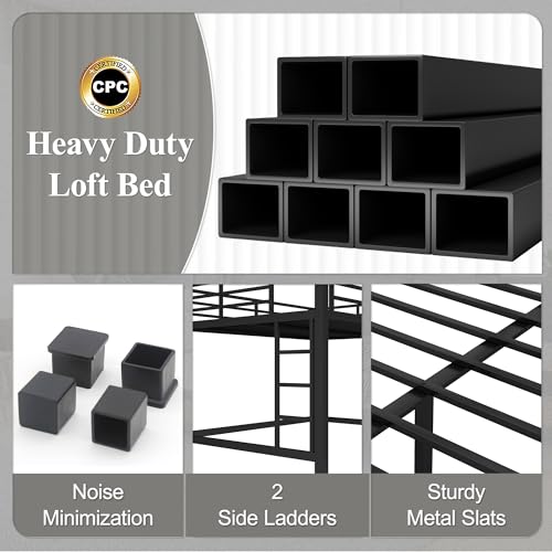 Metal Twin XL Size Loft Bed,Heavy Duty Loft Bed Frame Twin XL Size with 2 Ladders and Full Length Guardrails for Kids, Teens, Adults, Noise-Reducing,Space-Saving,Black Bellemave