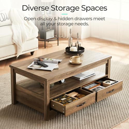 LINSY HOME Farmhouse Coffee Table with Storage, Wood Coffee Table for Living Room, Open Display Area and Storage Drawers with Metal Handles, Chic Style with Curved Base. Brown - WoodArtSupply