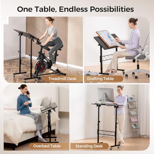 COMHOMA Small Standing Desk Adjustable Height & Tiltable Tabletop, Mobile Stand Up Desk for Laptop, Portable Computer Table for Home Office Work and Walking Pad Treadmill, Height 30.7"-46.4", Black COMHOMA