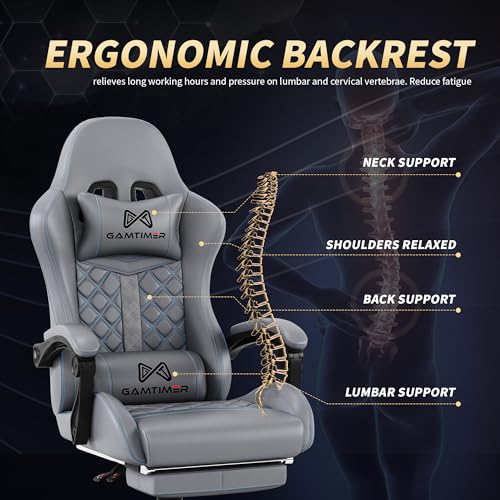 Gamtimer Gaming Chair, 400 lbs Adult Chair, High Back Computer Chair with Footrest and Linked Armrests, Office Video Game Chair with Lumbar Support (Grey) Gamtimer