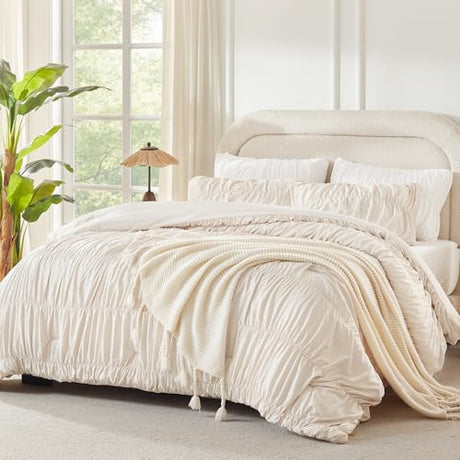Andency Ruched Beige Queen Comforter Set, Shabby Chic Pleated Bedding Sets 3 Pieces, Lightweight Soft Boho Ruffle Bed Set for Girls, Kids, Women, All Season Andency