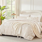 Andency Ruched Beige Full Size Comforter Sets, Shabby Chic Pleatd Bedding Sets 3 Pieces, Lightweight Soft Boho Ruffle Bed Set for Girls, Kids, Women, All Season Andency