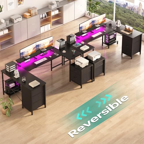 U Shaped Gaming Desk, Reversible L Shaped Computer Desk with Power Outlets & USB Ports, LED Strip & Monitor Stand with Fabric Drawers, Large Corner Desk with Storage Shelves for Home Office, Black iabifo