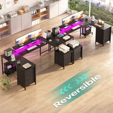 U Shaped Gaming Desk, Reversible L Shaped Computer Desk with Power Outlets & USB Ports, LED Strip & Monitor Stand with Fabric Drawers, Large Corner Desk with Storage Shelves for Home Office, Black iabifo