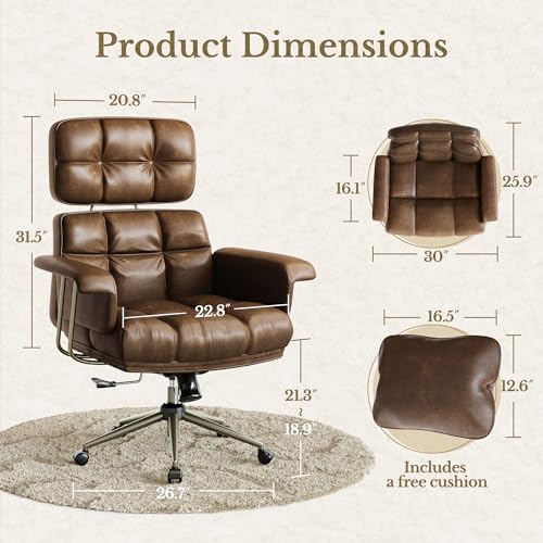Perledesign Executive Leather Office Chair - Brown Ergonomic Desk Chair with Thick Cushion & Lumbar Support, Comfy Mid Century Modern Swivel Computer Chair for Home Office Perledesign