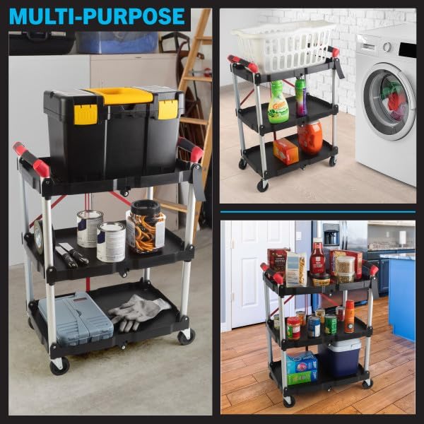 Collapsible Cart - Portable and Lightweight Folding Service Cart with 50lb Capacity Per Shelf - Multi Use Foldable Trolley with Wheels by Stalwart Stalwart