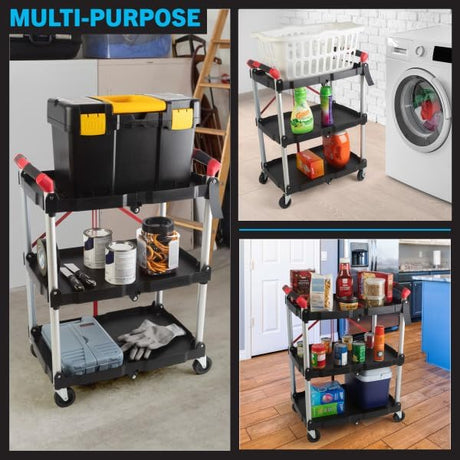 Collapsible Cart - Portable and Lightweight Folding Service Cart with 50lb Capacity Per Shelf - Multi Use Foldable Trolley with Wheels by Stalwart Stalwart