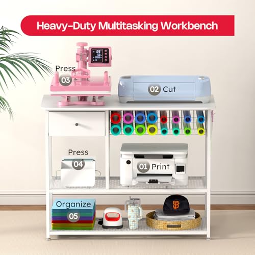 Crafit Extra Large Heat Press Table, Heat Press Stand Desk Cart with Vinyl Storage, Multi-Purpose Heavy Duty Metal Workbench for DIY Sublimation, T-Shirts Caps Mug & Tumbler Heat Transfer Projects Crafit