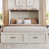 DWVO Full Size Murphy Bed with Charging Station, Cabinet Bed with Large Storage Drawer, Farmhouse Multi-Functional Murphy Cabinet Bed Frame for Bedroom or Guest Room, Noise-Free, Rustic White DWVO