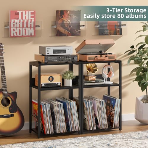 LELELINKY Record Player Stand, 3-Tier End Side Table with Vinyl Record Storage, Vinyl Record Holder Up to 120 Albums, Turntable Stand with Vinyls Storage for Music Living Room LELELINKY