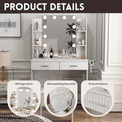 Otterease Vanity Desk with LED Lighted Mirror, Makeup Vanity with 3 Adjustable Lights, 2 Large Drawers and 4 Open Shelves, White Vanity with Storage Stool for Bedroom Otterease