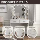 Otterease Vanity Desk with LED Lighted Mirror, Makeup Vanity with 3 Adjustable Lights, 2 Large Drawers and 4 Open Shelves, White Vanity with Storage Stool for Bedroom Otterease