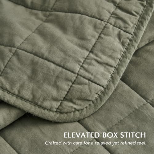 EVERGRACEHOME 100% Cotton Box Stitch Quilt Bedding Set King Size 3 Pieces, Garment-Washed Lightweight Soft Cozy Coverlet, Oversized Quilted Bedspread Sets with 2 Shams for All Season, Olive Green EVERGRACEHOME