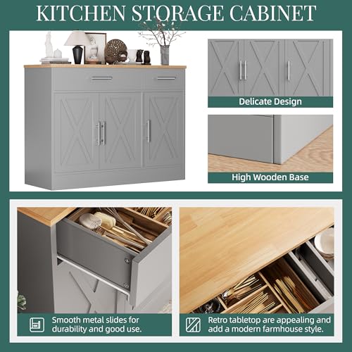 Shintenchi Modern Farmhouse Sideboard Buffet Cabinet with Storage with 3 Doors, 42"Barn Doors Buffet Cabinet with Storage, Wood Coffee Bar Cabinet with Adjustable Shelf for Kitchen, Living Room, Grey Shintenchi