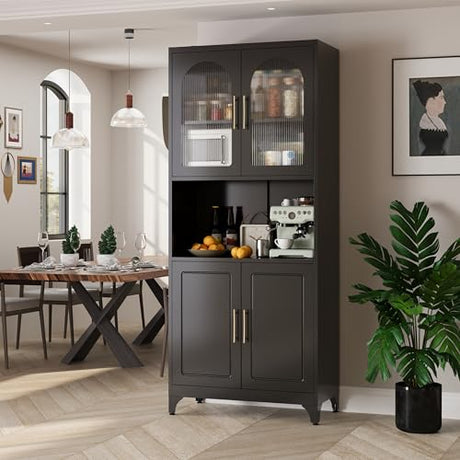 Kubohogar 75" Tall Kitchen Pantry Cabinet, Metal Storage Cabinets with Acrylic Doors and Adjustable Shelves, Hutch Cabinet with Storage, Black Microwave Stand Cabinets for Dining Living Room Kubohogar