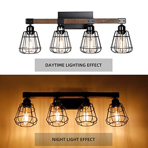 TELAFLY Bathroom Vanity Light Fixture,Rustic 4-Light Wood Wall Light,Industrial Bathroom Lighting Fixture Over Mirror,Modern Matte Black Metal Cage Wall Sconce for Hallway,Kitchen,Bedroom TELAFLY